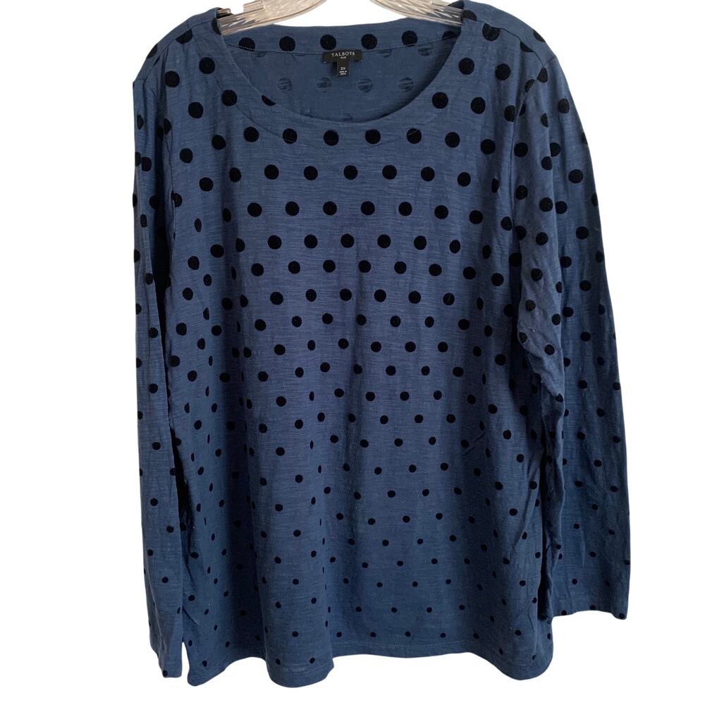 Talbots Womens 2X Blue Black Dots All Over Prink Long Sleeve Cotton Shirt Top